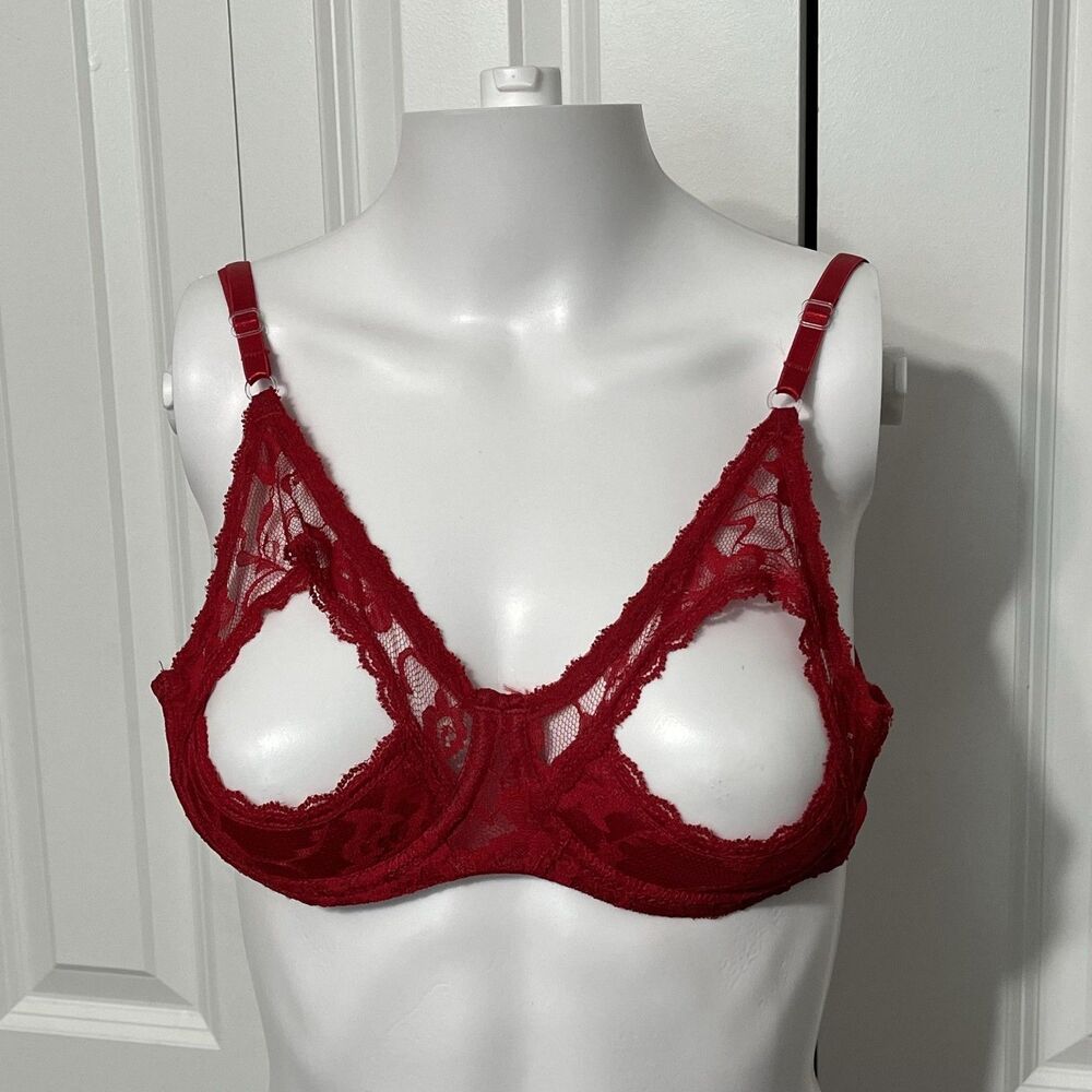 Shirley Of Hollywood Bra Womens 34 Vintage 70s Red Lace Open Tip Sheer Underwire